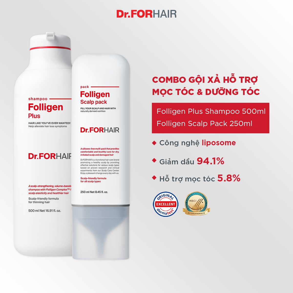 Bộ gội xả dưỡng da đầu giúp hỗ trợ mọc tóc Dr.FORHAIR FOLLIGEN PLUS SHAMPOO x FOLLIGEN SCALP PACK