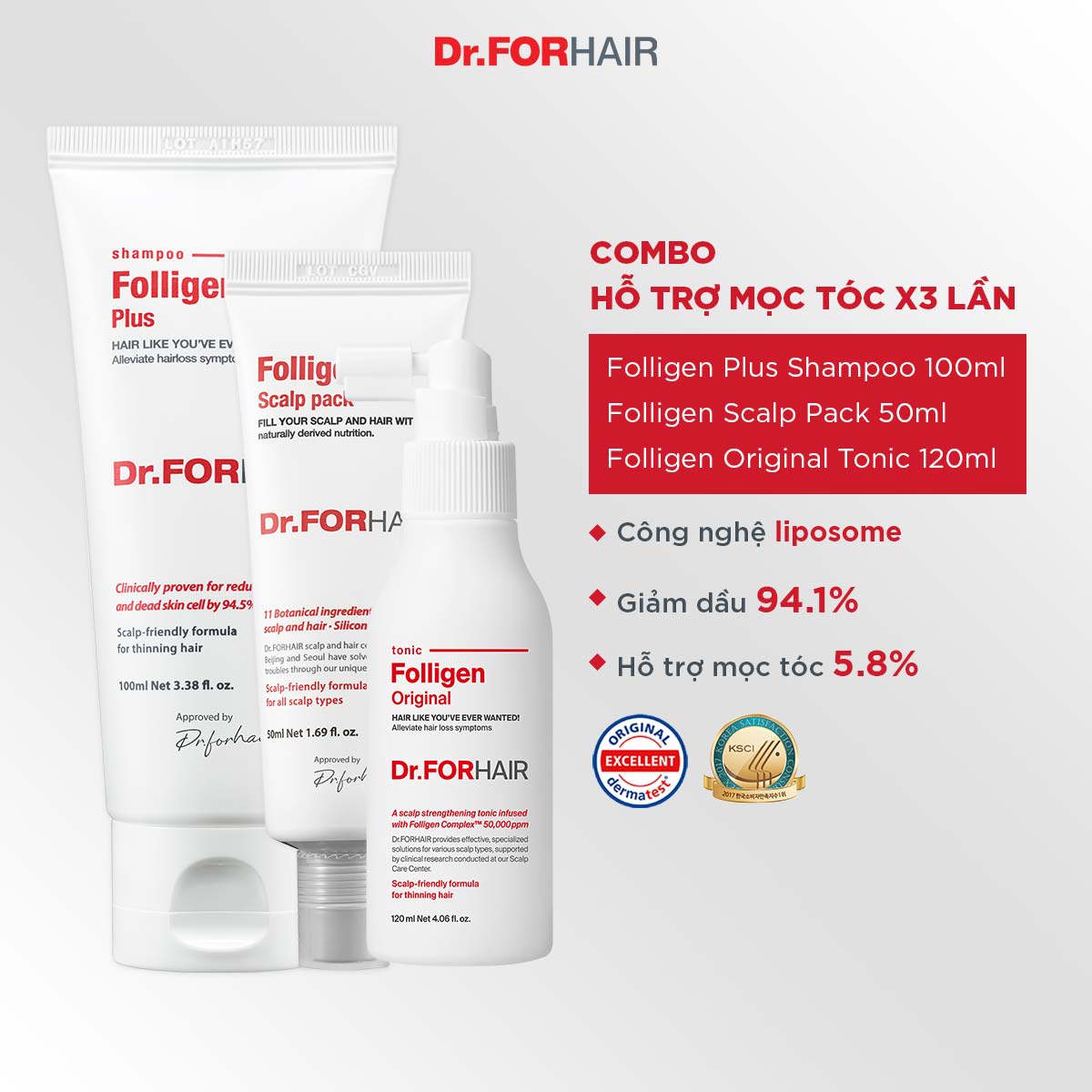 Bộ gội xả dưỡng mini hỗ trợ mọc tóc, nuôi dưỡng da đầu khỏe mạnh của Dr.FORHAIR FOLLIGEN PLUS x FOLLIGEN SCALP PACK x FOLLIGEN ORIGINAL TONIC