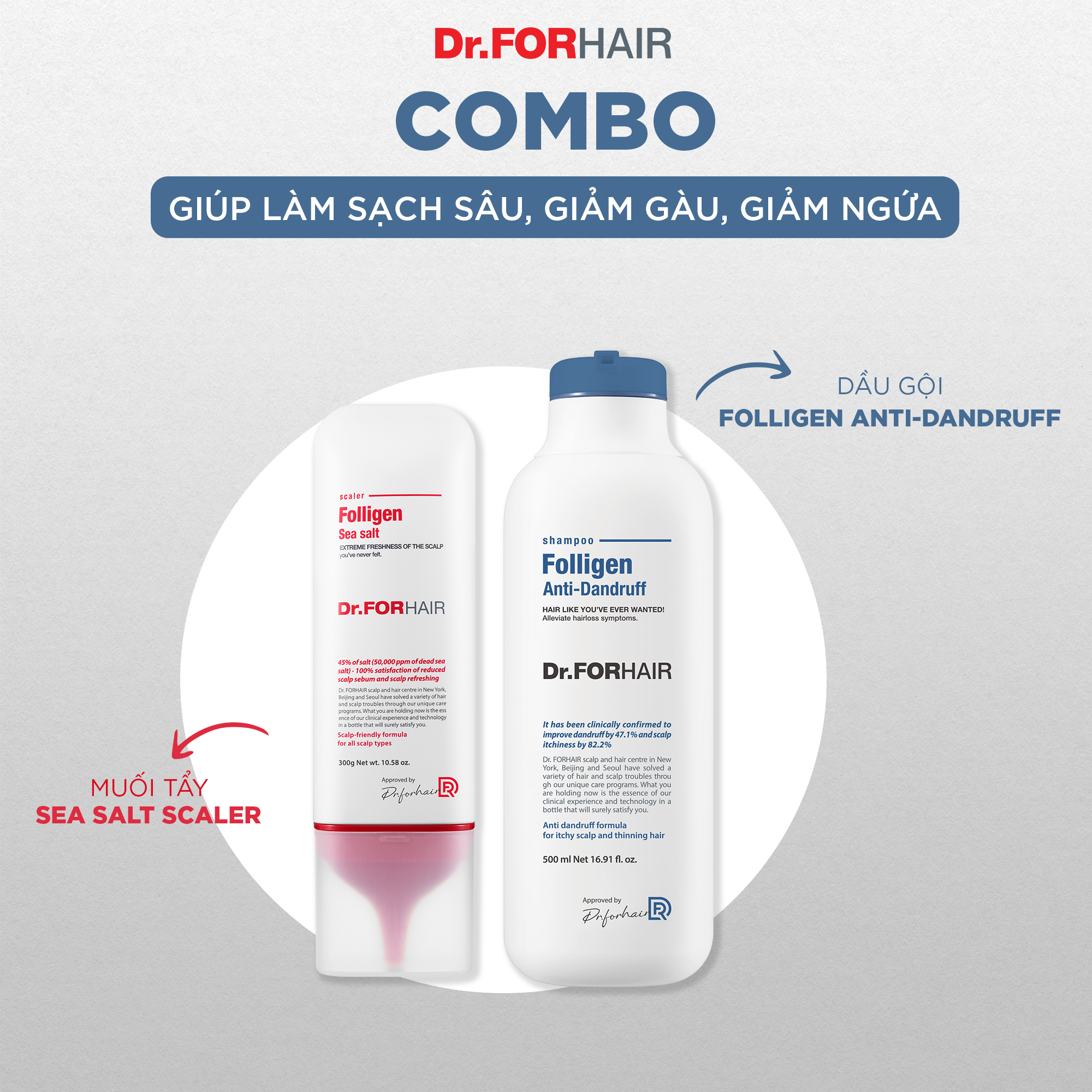 Combo Folligen Sea Salt Scaler + Folligen Anti-Dandruff là Combo hoàn hảo cho những người bị gàu nặng