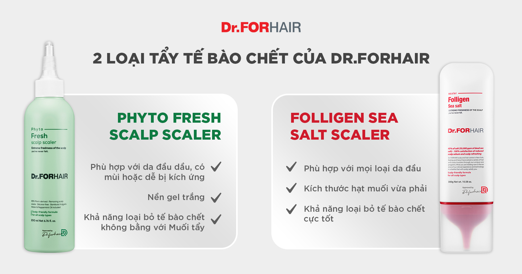 Những điểm khác nhau của 2 loại tẩy tế bào chết Phyto Fresh Scalp Scaler và Folligen Sea Salt Scaler