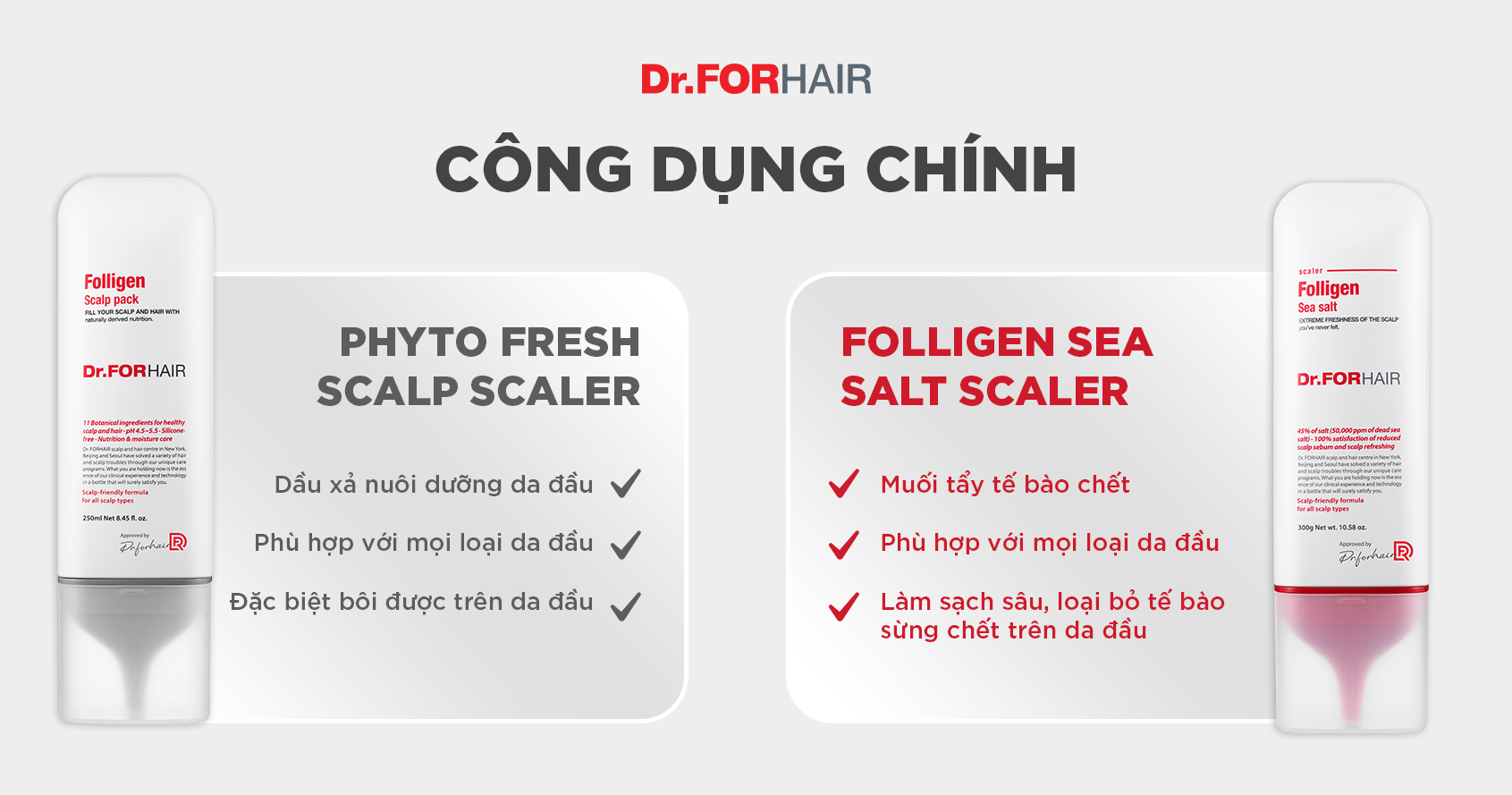 Công dụng chính của Folligen Scalp Pack và Folligen Sea Salt Scaler của Dr.FORHAIR