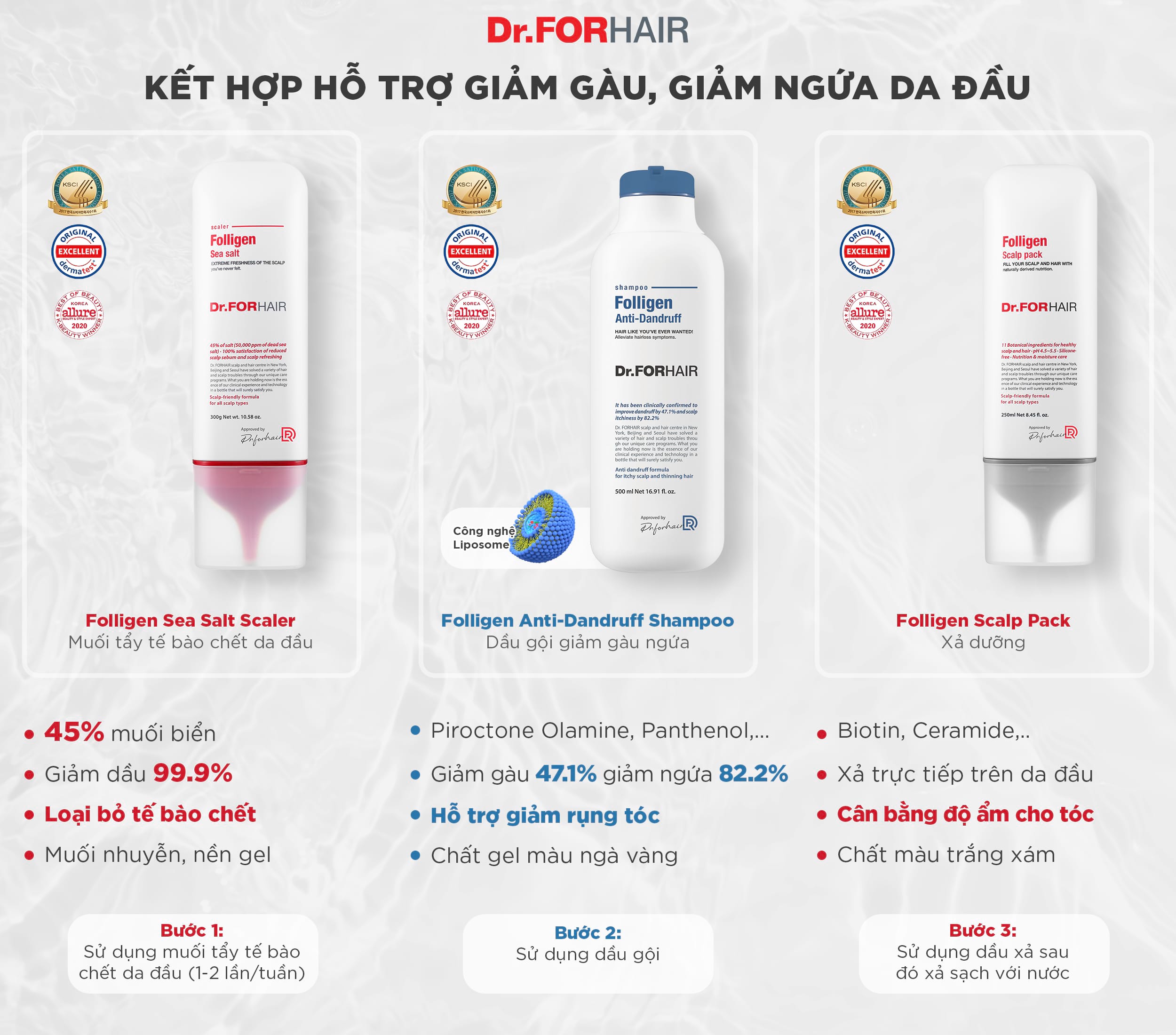 Kết hợp dầu gội Folligen Anti-Dandruff với muối tẩy tế bào chết Folligen Sea Salt Scaler và xả dưỡng Folligen Scalp Pack