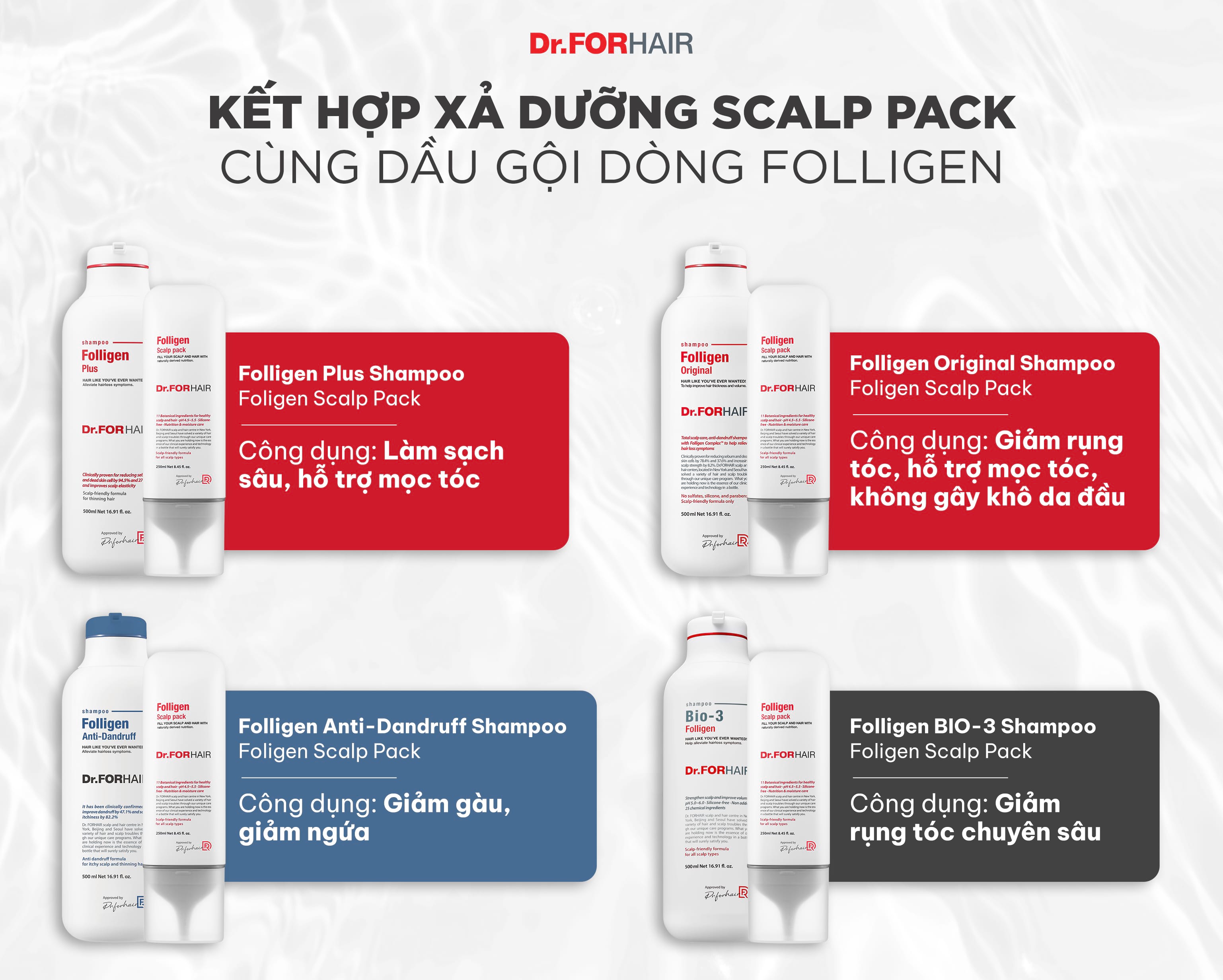 Kết hợp xả dưỡng Folligen Scalp Pack cùng Folligen Plus, Folligen Bio-3, Folligen Anti-Dandruff, Folligen Original