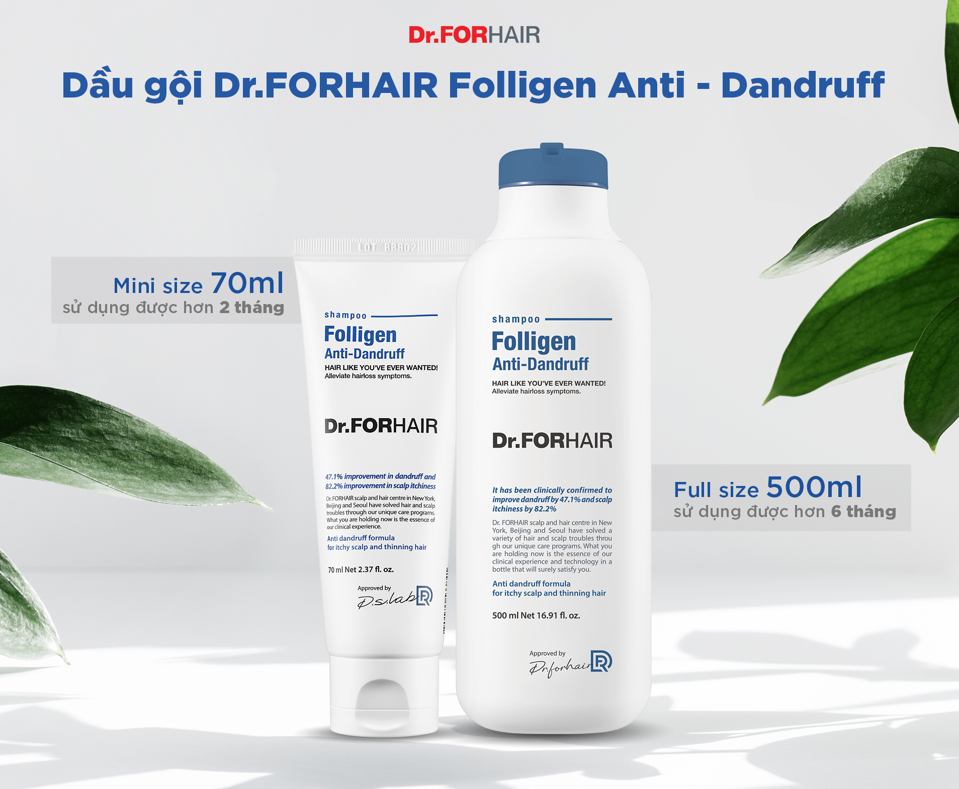 Dầu gội Folligen Anti-Dandruff có 2 size sử dụng tiện lợi