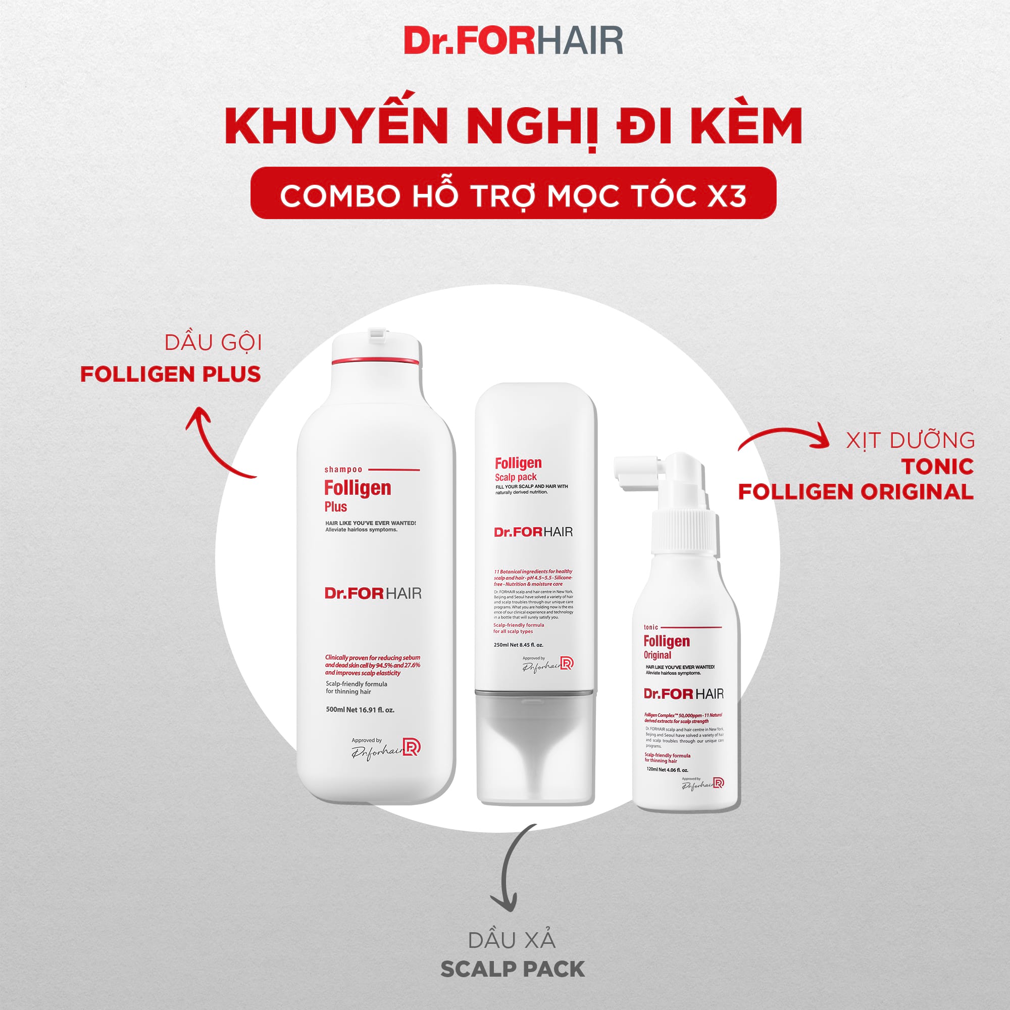 Dùng kèm dầu gội Folligen Plus với xả dưỡng Folligen Scalp Pack và xịt dưỡng.Folligen Tonic