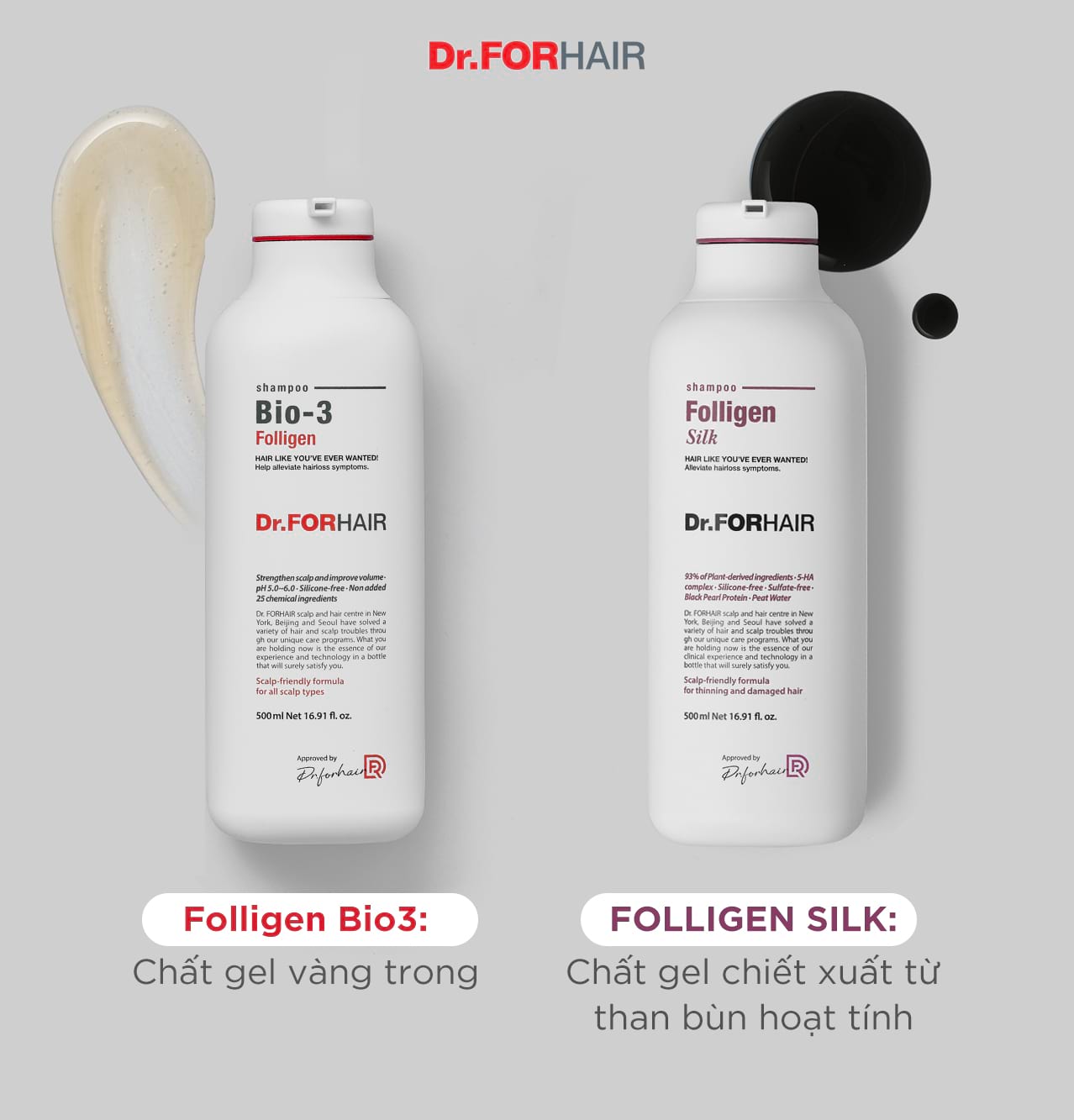 Kết cấu khác nhau của dầu gội Folligen BIO-3 và Folligen Silk